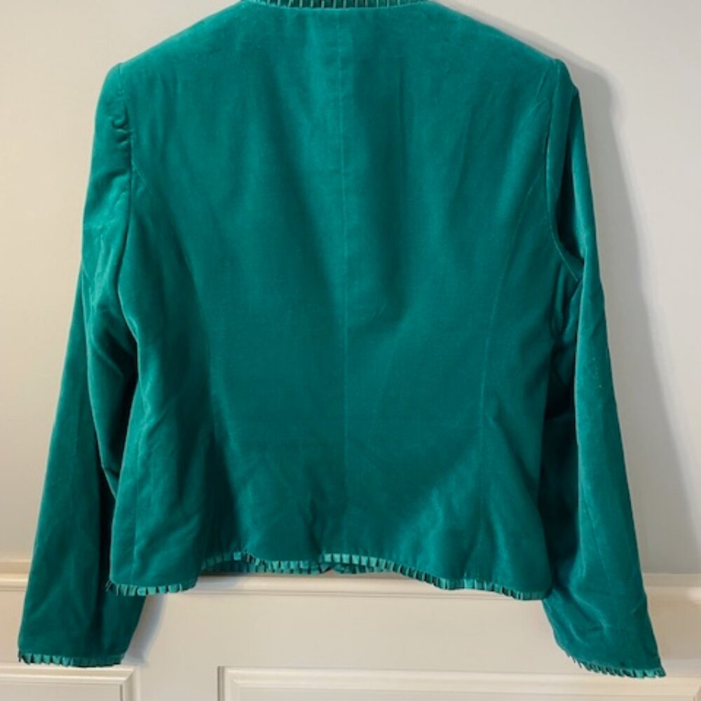 Vintage Velvet & Satin Green Holiday Glam Cardigan Blazer Ruffled Trim Large - Picture 5 of 8